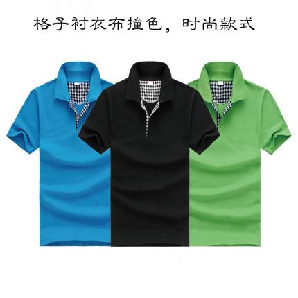 格子布撞色時尚T恤衫款式定制，男女款式